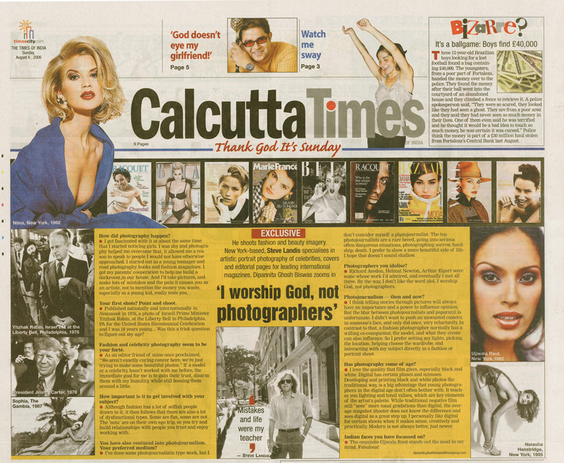 page one of Calcutta Times interview with celebrity and fashion photographer Steve Landis