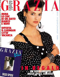 linda evangelista on white background wearing black polka dot dress for Grazia cover